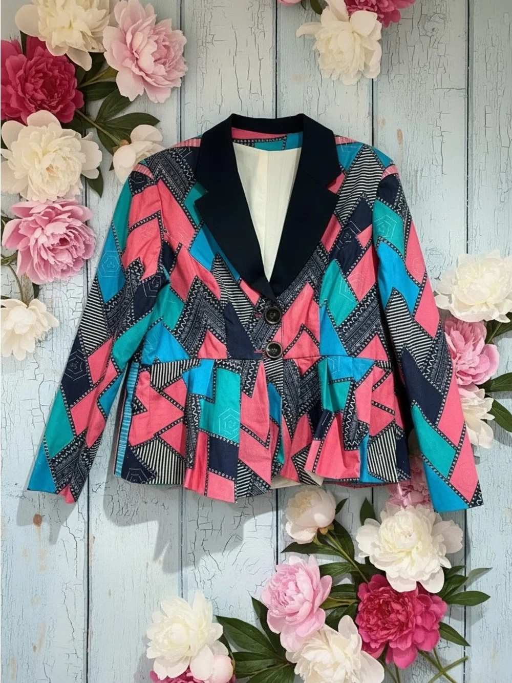 Patterned Peplum Jacket in Pink & Teal with Black Trim